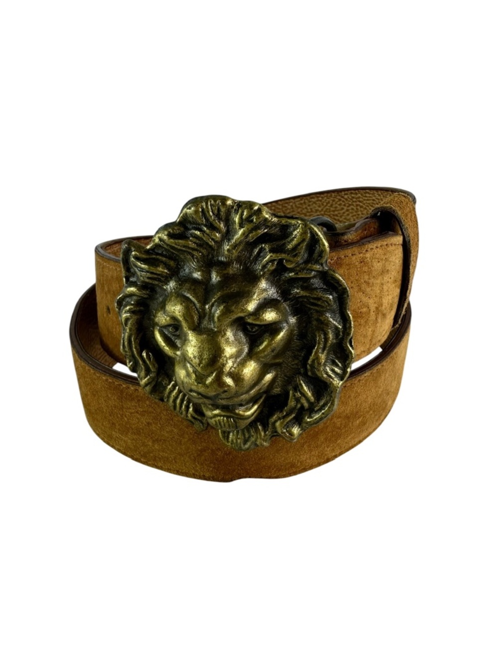 Vintage Genuine Tan Suede Belt With Lion Head Buckle Size S/M Unisex 1970s